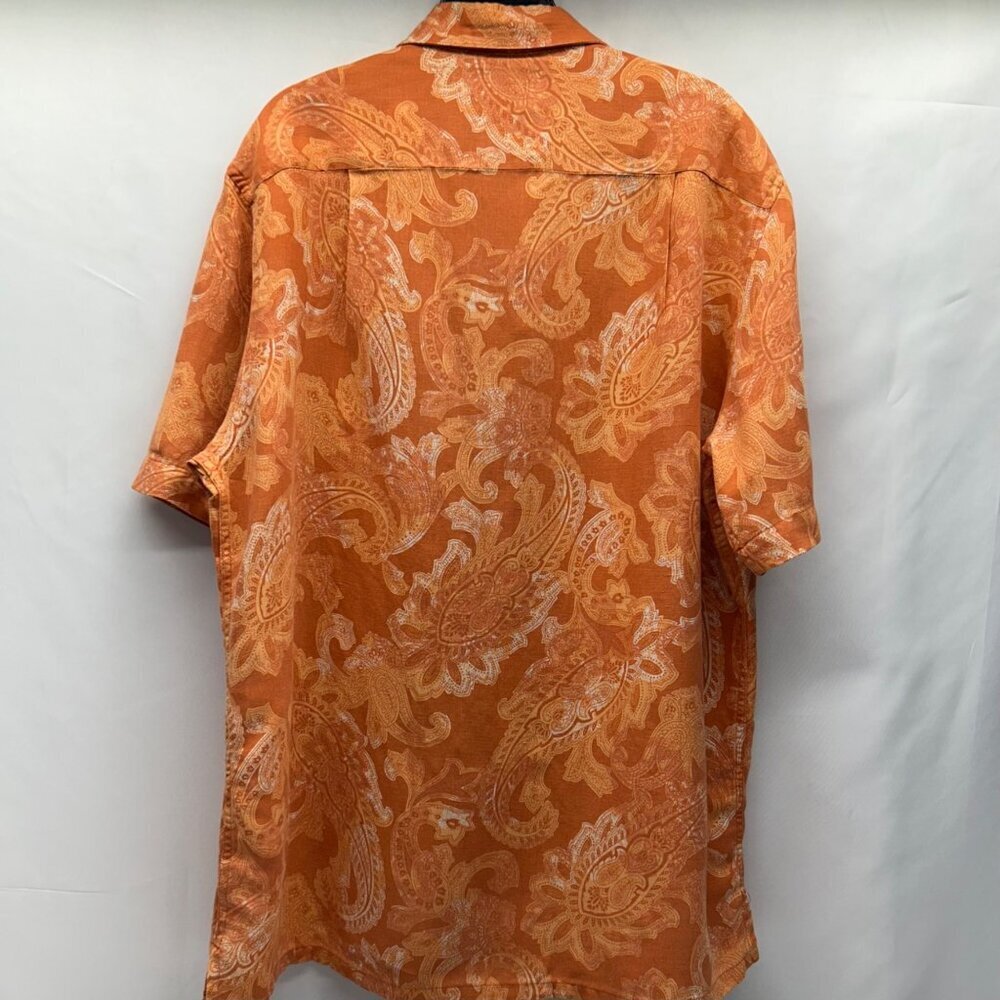 Tasso Elba Island Mens Orange Paisley Button-Down Shirt 75% Silk 25% Linen Short - Picture 2 of 16